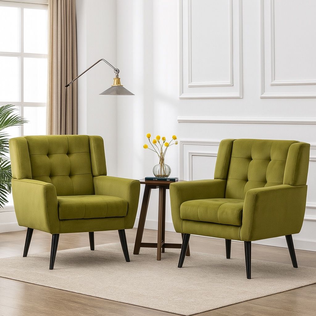 Set Of 2 Olive Green Velvet Square Arm Armchairs / Accent Chairs [NEW] **Retails For $280+