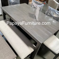 New! Beautiful 6pcs Dining Set, Grey Dining Table And Chairs, Dinette Set, Table, Chairs, Casual Dining Set, Wooden Table, Gray Table, Chairs, Bench.