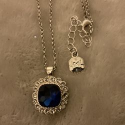 3 SilverTone Necklaces..braided Herringbone 20”/ Silver Rope Necklace W/pendant 28”/ Silver Necklace With Sapphire Rhinestone 18” By ( M)