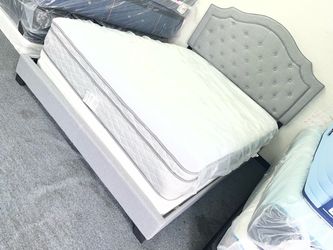 Gray Upholstered Bed Frame with Tufted Headboard