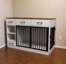 White Dog Crate with Brown top with storage drawers and open shelves
