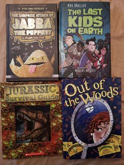 4 Books, The Surprise Attack of Jabba the Puppet, The Last Kids On Earth, Jurassic Survival Guide, Out of The Woods