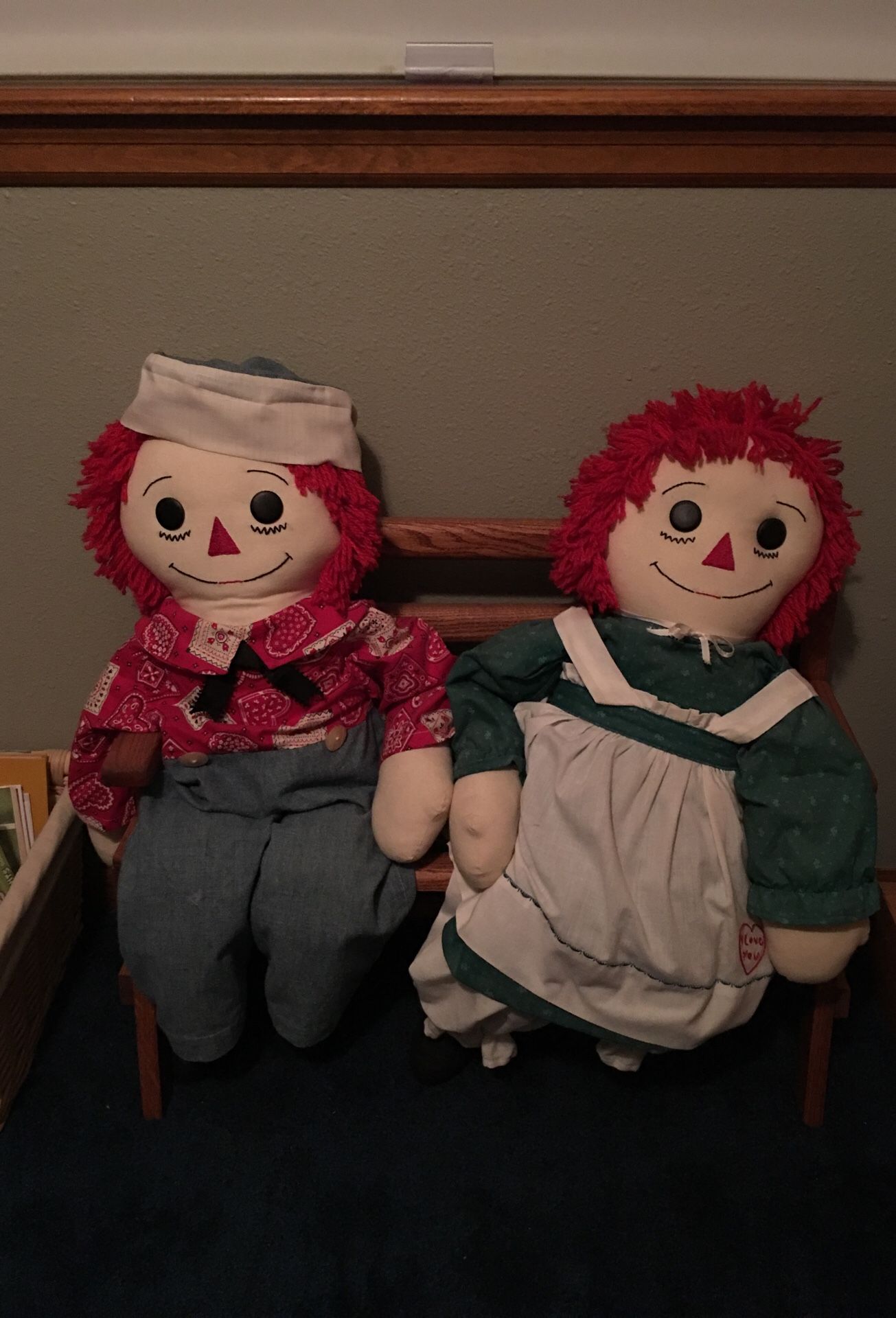 36” handmade raggedy Ann and Andy.Never played with. Wooden bench included.