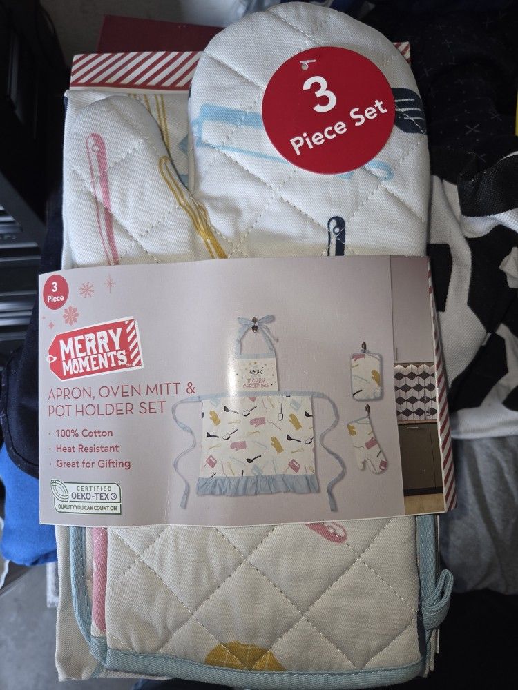 3pc apron, pot holder & oven mit