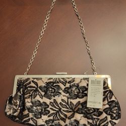 NWT Arden B Beaded/Sequin Black Lace Clutch Purse Bag with Silver Chain