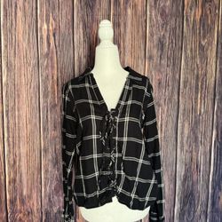 Black Long Sleeve Lace Up V-neck Plaid Shirt