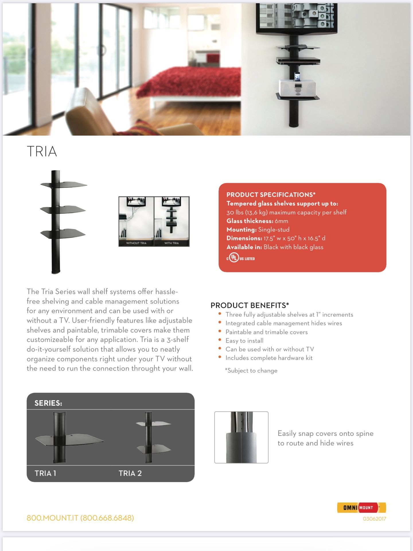 Fancy, heavy duty glass shelving system (OmniMount Tria)