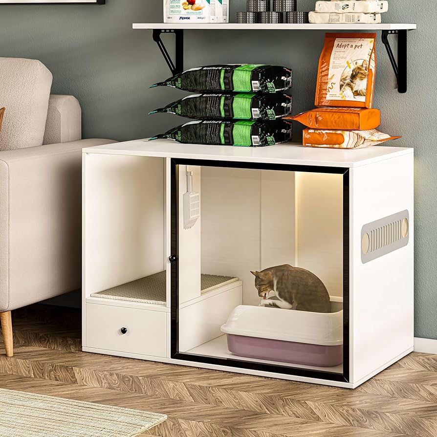 Furniture Style Litter Box Enclosure Cat Litter Box Cabinet Hidden Litter Box Cabinet with Glass Door and LED Strip