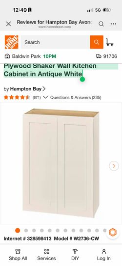 Hampton Bay Avondale 27” × 12” × 36” 复古白（Antique White）墙柜（Wall Cabinet）