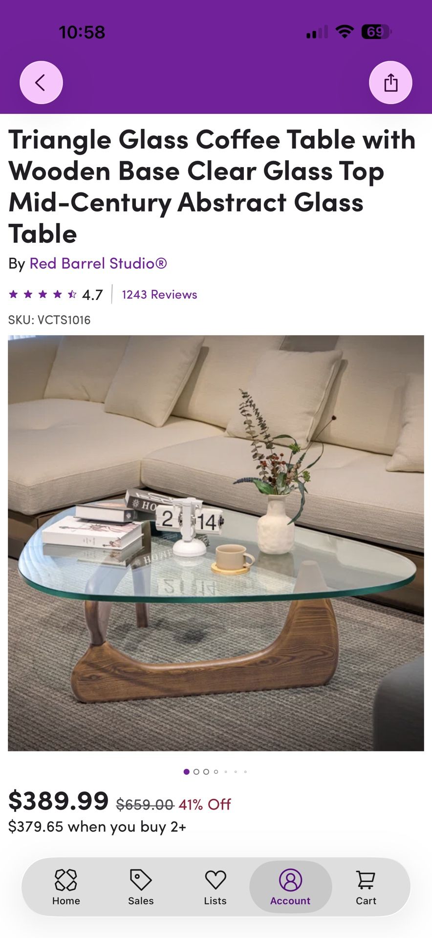 Triangle Glass Coffee Table With Wooden Base And Clear Glass Top, Mid Century Abstract Glass Table