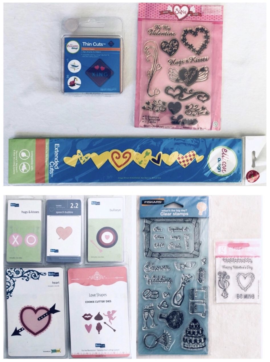 10 piece craft lot of Valentine’s Day / love themed sizzix quickutz die cut + stamps