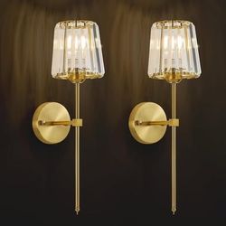 Gold Modern Crystal Wall Sconces Set of 2, Brushed Brass, Crystal Glass Shade,21" Tall