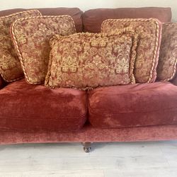 Elegant Burgundy Soft Fabric Loveseat With Throw pillows 