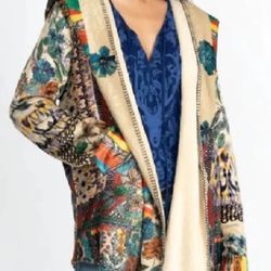 Johnny Was Floral Betzy Sherpa  Open Front Hooded Multicolored Jacket XL