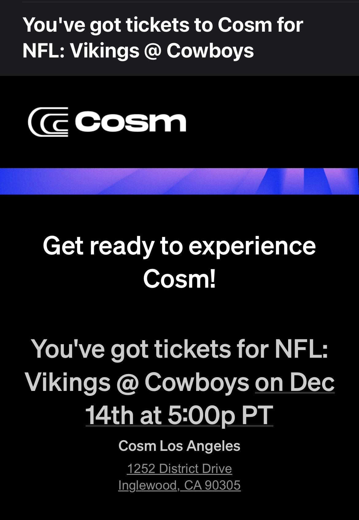 COSM - Dallas Cowboys vs Minnesota Vikings - Dome Level 3 - 2 tickets