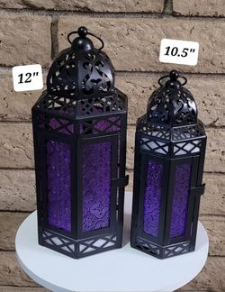 12” Purple Glass Metal Moroccan Decorative Candle Lantern with LED Twinkle Fairy Lights & Remote