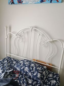 Queen bed with frame and metal headboard