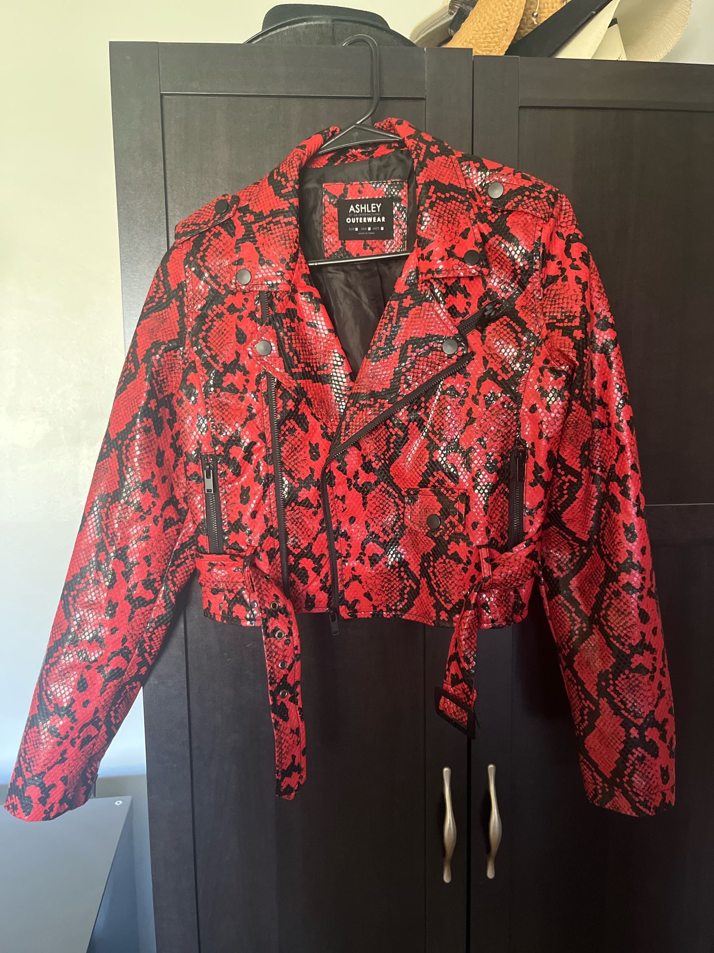Red And Black Faux Leather Snakeskin Crop Jacket