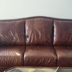 LEATHER COUCH, LOVE SEAT, CHAIR & OTTOMAN  WITH STONE COFFEE AND END TABLE