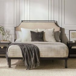 Transitional Beige Metal Frame Queen Platform Bed with Upholstered Headboard(NEW In A Box)