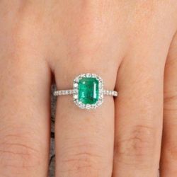14kt White Gold Natural Emerald Diamond Halo Ring