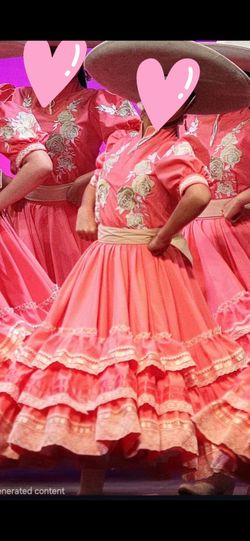 Pink Folklorico Escaramuza Dress with Floral Embroidery