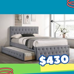 New In Box FULL BED W/TRUNDLE-LIGHT GREY BURLAP And 2 Mattresses.