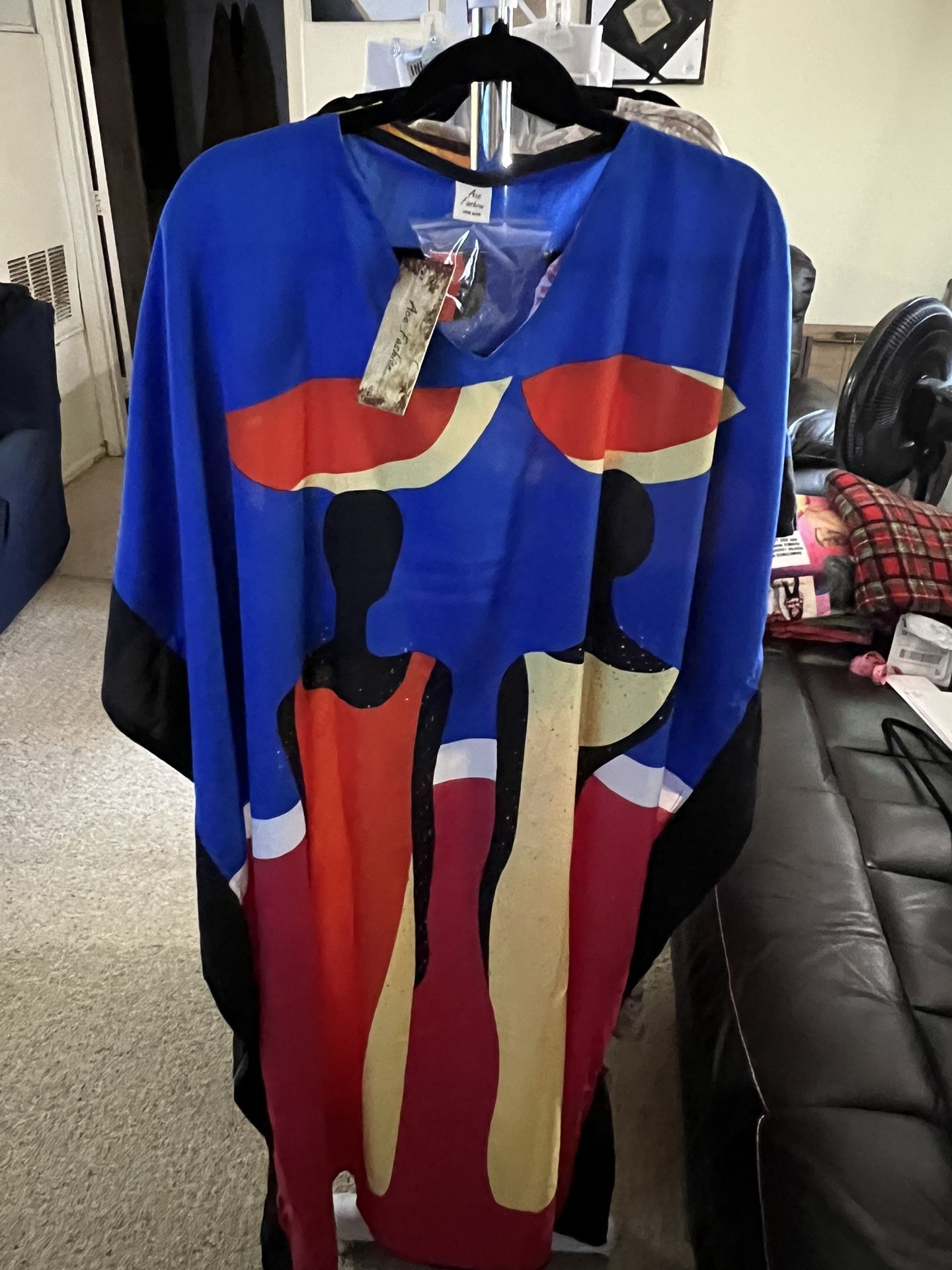 Ace Fashion Blue, Black, Red and Cream Design Dress with Attached Scarf One Size fits Most