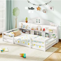 Twin Size Montessori Floor Bed with LED Lights, 2-in-1 Wooden House Bed Frame with Safety Guardrails, Storage Compartments & Shelf, No Box Spring Need