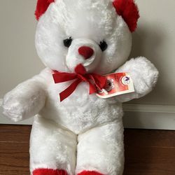 Happy Child Toys, White Teddy Bear With Red Accents And Red Bow 19”