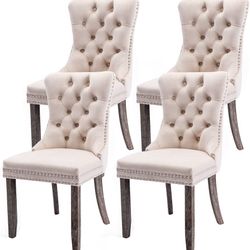 Upholstered Dining Chairs Set of 4, Velvet Tufted Dining Chairs with Nailhead Back and Ring Pull Trim, Solid Wood for Kitchen/Bedroom/Dining Room (Bei