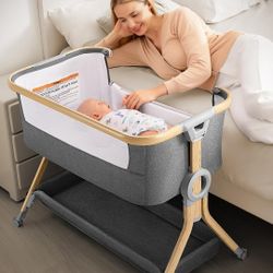 Larex 3 in 1 Baby Bassinet Bedside Sleeper, Breathable Mesh Safe Bedside Bassinet for Baby, Easy Assemble and Folding Portable Crib, 5 Height Adjustab