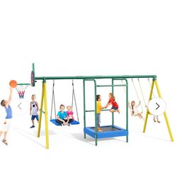 Vibemo Swing Sets for Backyard, 5-in-1 Outdoor Swing Set, 660 lbs Heavy Duty Extra Large Metal Kids Swing Sets with Trampoline, Platform Swing, 2 Swin