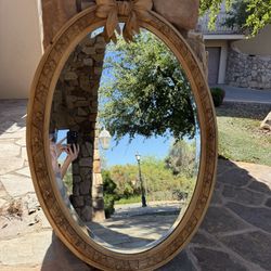 Vintage Carved Wood Oval Mirror with Ribbon & Floral Detail – Antique Style