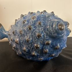 Puffer Fish / Blowfish - 11" ceramic - blue Nautical coastal beach lakehouse home decor Fishing fishman