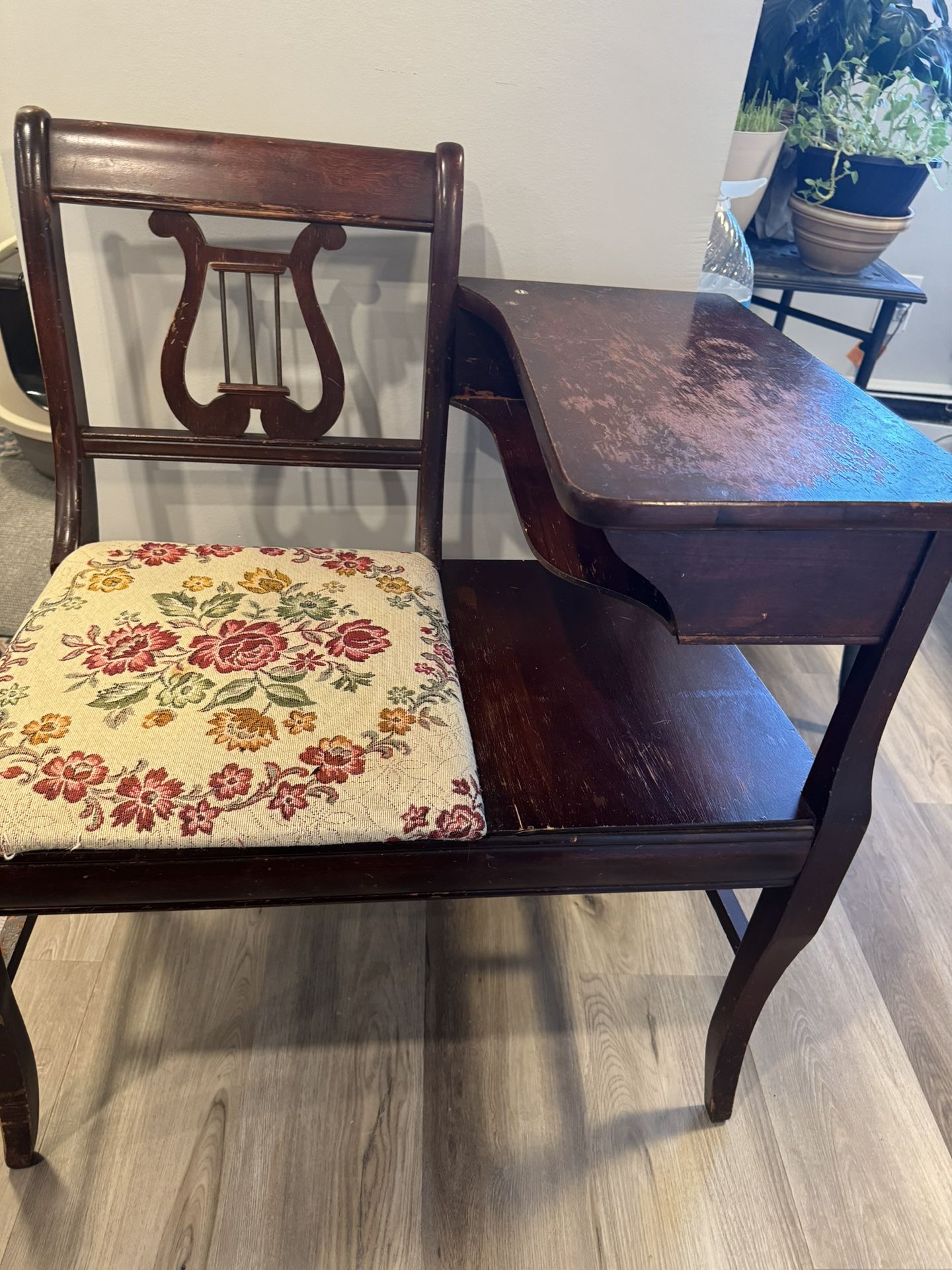 Vintage/Antique Rustic Oak Wood Gossip Bench Telephone Table Desk