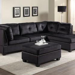 Sienna - Black Velvet Sectional + Ottoman Set

