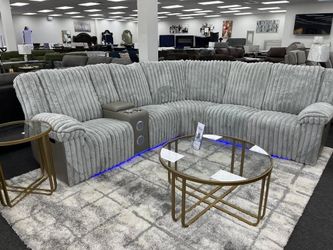 Contemporary Gray plush fabric 3 Pc Power reclining Sectional w/speaker & console