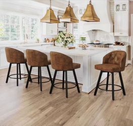 Arturo 26 in.Brown Faux Leather Upholstered Swivel Bar Stool with Metal Frame Nailhead Counter Barstool Set of 4