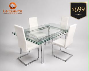 Modern Glass Dining Set with 4 White Chairs (NEW)