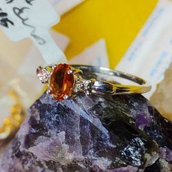 THIS IS NATURAL AND GENUINELY TRUE 100%, DIAMONDS ON THE SHOULDERS,  STERLING SILVER. RICH CITRINE, MAIN GEMSTONE -TEARDROP. CABOCHON.. SIZE 5