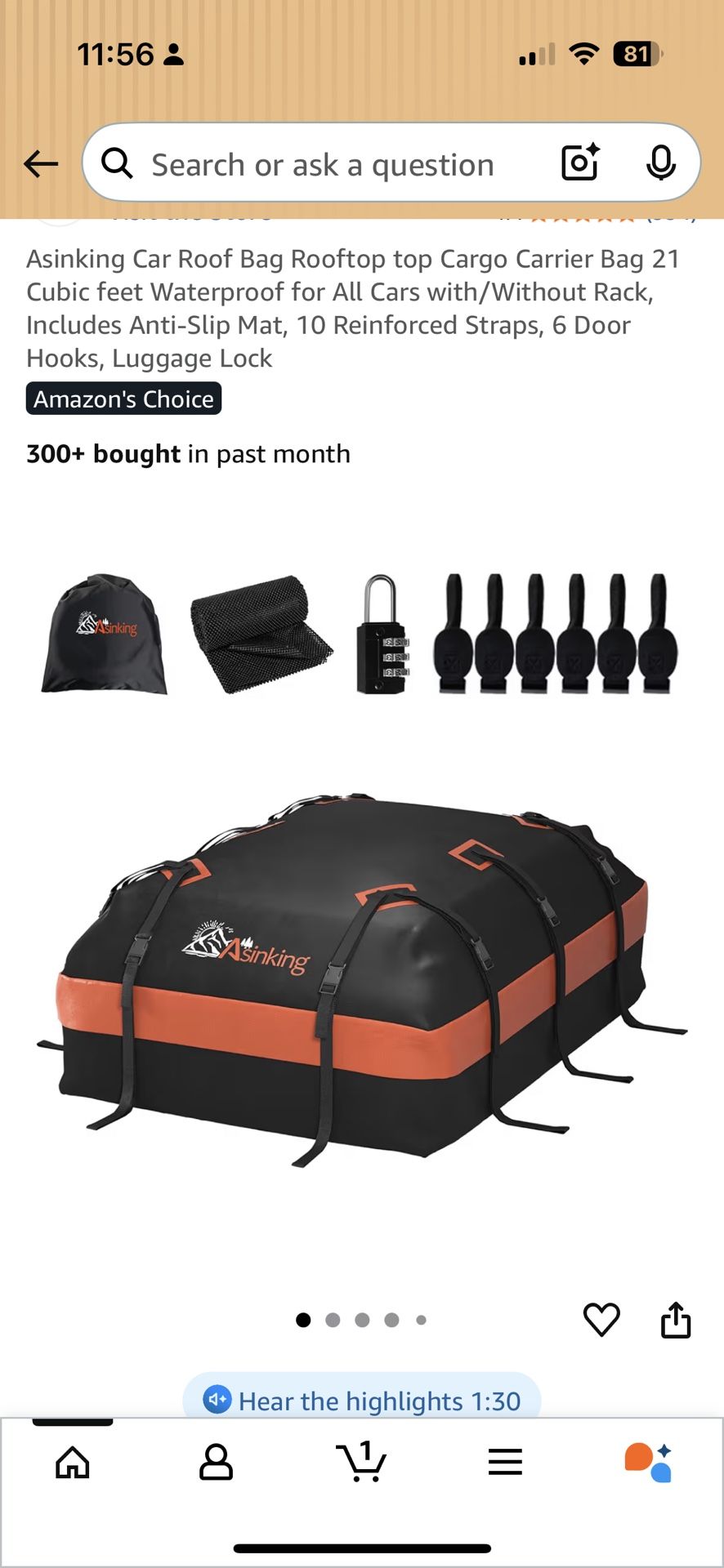 Asinking Car Roof Bag Rooftop top Cargo Carrier Bag 15 Cubic feet Waterproof for All Cars with/Witho
