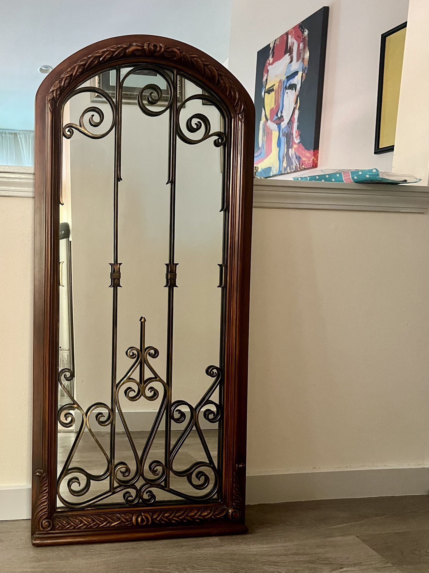 Vintage style ornate iron wrought large full size mirror.
