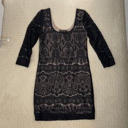 H&M 3/4 Sleeve Black Lace Overlay Bodycon Dress, S