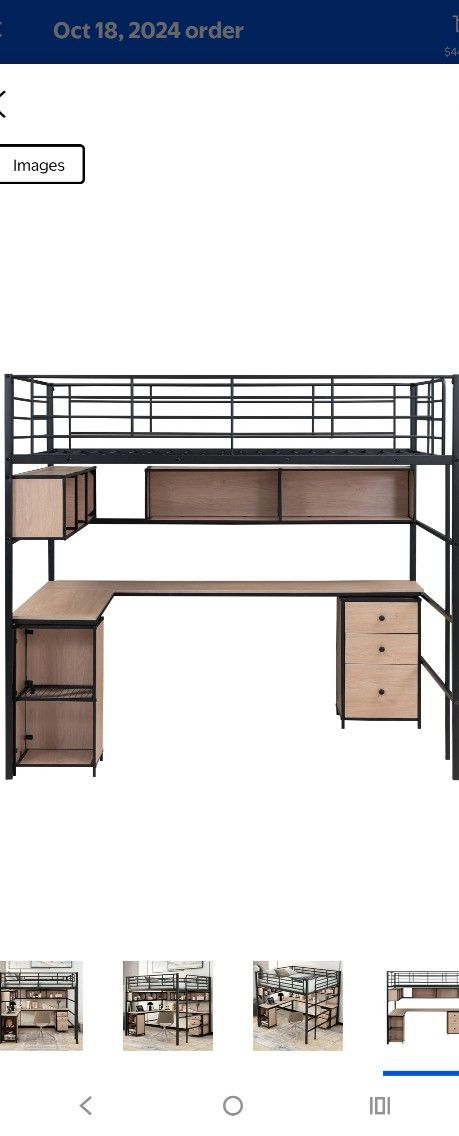 EUROCO Modern Metal Full Size Loft Bed with Desk, Shelf and Cabinet, Functional Storage Bed