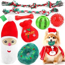 Christmas Dog Toys 9 Pack, Luxury Santa Puppy Chew Toy, Cotton Squeaky Plush Toys for Small Dogs, Durable Interactive Rope Treat Dog Ball and Bones, R