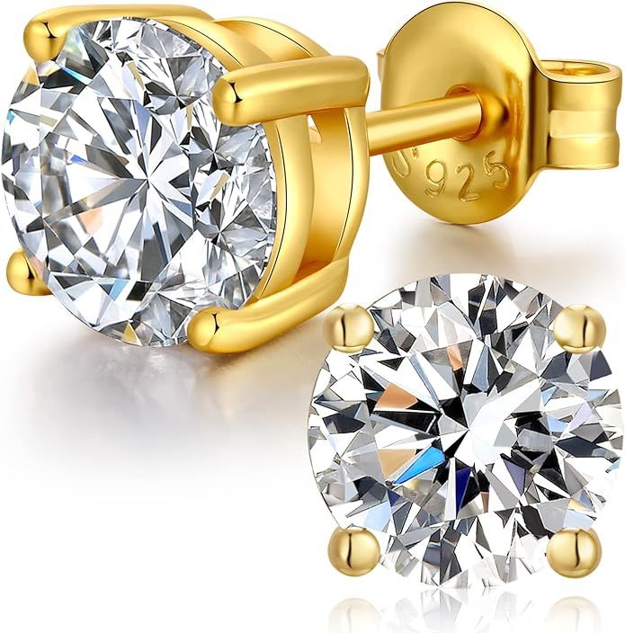 18K White Gold Plated Sparkling CZ Diamond Stud Earrings 925 Sterling Silver Cubic Zirconia Stud Earrings Hypoallergenic Simulated Diamond Stud 4MM