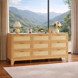Rattan Chest of Dressers, Wooden Drawer Dresser, 9 Drawers ) D-44
