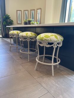 Vintage Bespoke One of a Kind Designer Upholstered Set of 3 Ornate Metal Bar Stools
