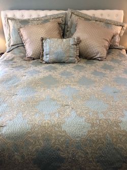 Croscill Teal Blue Tan KING Damask Bedding Set with Shams and Euro Pillowsand Decorative Pillow - 7 Pieces